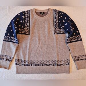 Wool and Cashmere Sweater Men's Navy and Gray Crewneck Paisley, Snover, L, New